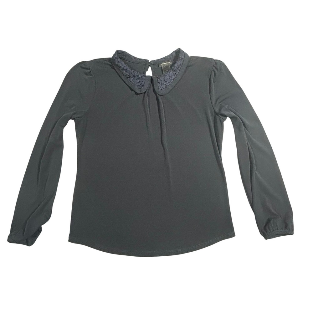 Ann Taylor Navy Blue Lace Peter Pan Collar Blouse Long Sleeve Puff Shoulder Top